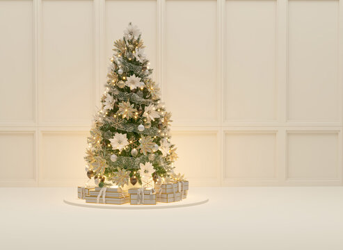 Modern Xmas Tree Living Room Setup &ndash; Winter Festive Decoration 3D Illustration