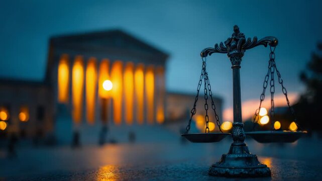 A metallic scale of justice in front of a courthouse at twilight