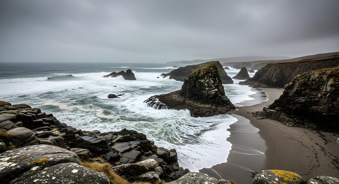 Rugged coastline with crashing waves on a stormy day rocky islands and sandy beach
