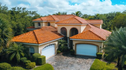 Obraz premium Beautiful architectural home exterior tropical environment photography aerial view luxury concept