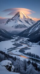 A snow covered mountain range with a winding river flowing through a forested valley at dawn