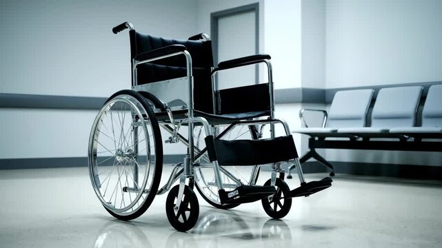 Empty Wheelchair in a Sterile Hospital Waiting Room.