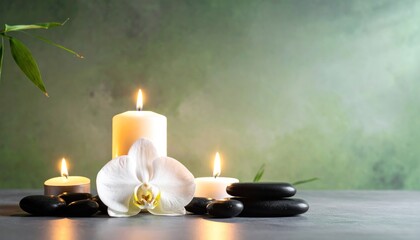Serene spa setting with lit candles, smooth stones, and a white orchid against a soft green backdrop, evoking tranquility and relaxation