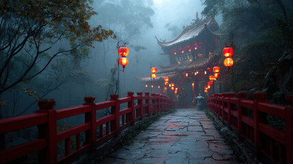 Mysterious temple illuminated by lanterns on a foggy evening in a serene forest landscape