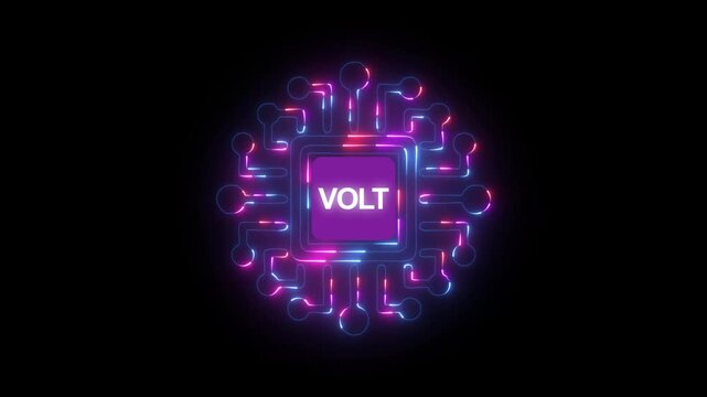 Neon digital circuit board depicting volt symbol with glowing electric connections