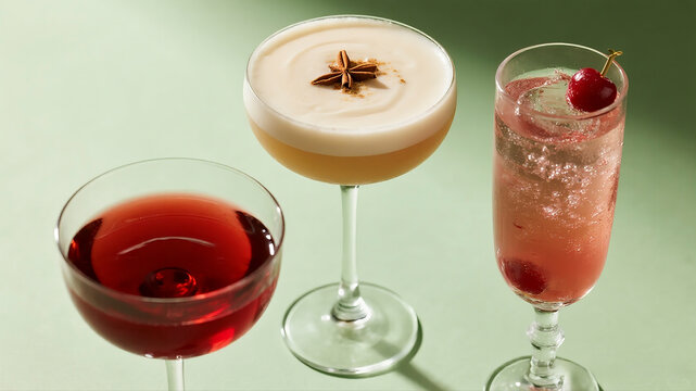 A clean, sharp studio shot of three different festive drinks in elegant glassware, isolated