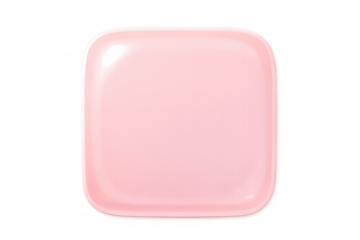 Pink empty square ceramic plate with rounded corners, top view, serving food on a modern kitchen table, transparent background
