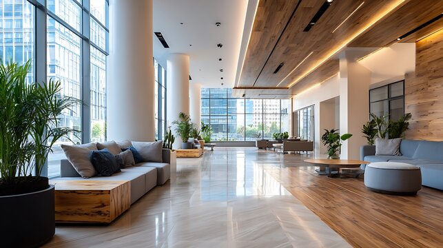 Spacious Modern Lobby Interior with Plants and City View