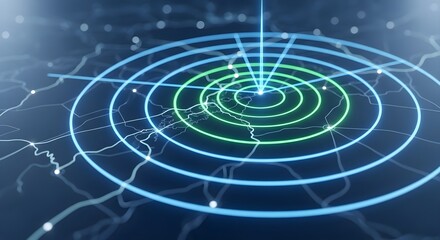 Abstract digital radar screen displaying concentric circles and a map with glowing points
