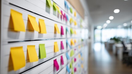 Vibrant sticky notes covering plain wall visualizing ideas brainstorming sessions and efficient task management.