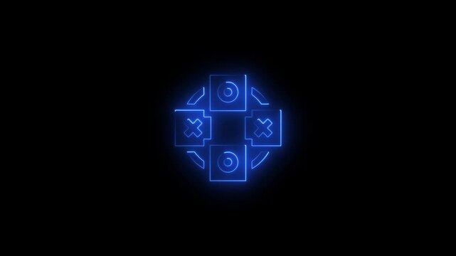 Blue neon circular game controller icon with symbols on black background gaming joystick