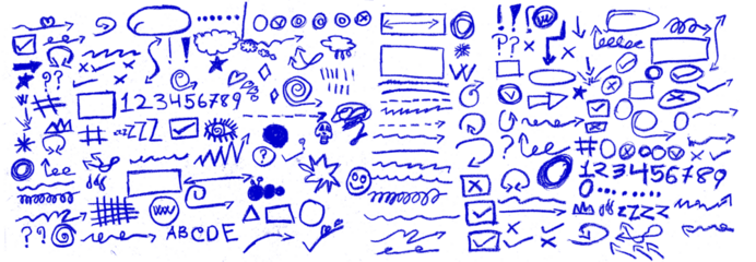 Hand drawn blue highlights, underlines and emphasis crayon elements. Blue pen check marks, ovals and school notebook vector shapes for hand drawn notes. Checkered paper sheet.