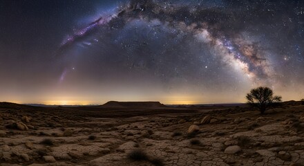 Vast desert landscape under a luminous Milky Way galaxy with a silhouetted tree