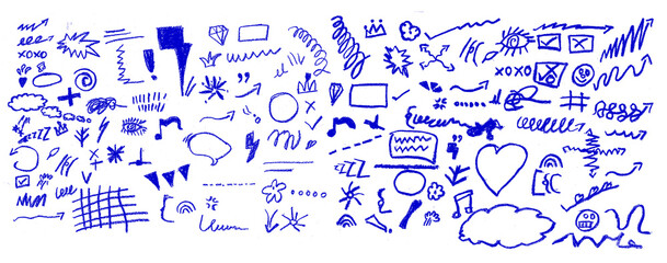 Hand drawn blue highlights, underlines and emphasis crayon elements. Blue pen check marks, ovals...