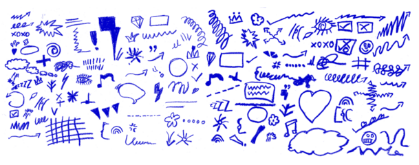 Hand drawn blue highlights, underlines and emphasis crayon elements. Blue pen check marks, ovals and school notebook vector shapes for hand drawn notes. Checkered paper sheet.