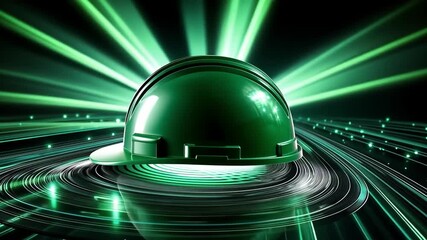 Green construction helmet with abstract light trails. Safety and technology concept. - Powered by Adobe