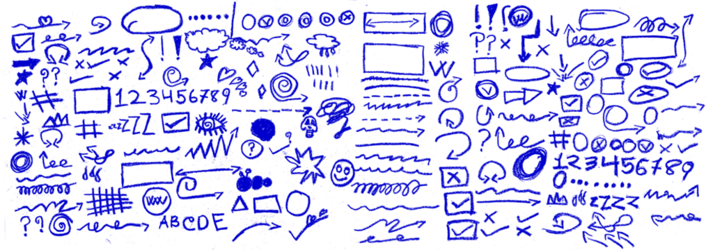 Hand drawn blue highlights, underlines and emphasis crayon elements. Blue pen check marks, ovals and school notebook vector shapes for hand drawn notes. Checkered paper sheet.