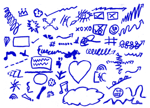 Hand drawn blue highlights, underlines and emphasis crayon elements. Blue pen check marks, ovals and school notebook vector shapes for hand drawn notes. Checkered paper sheet.