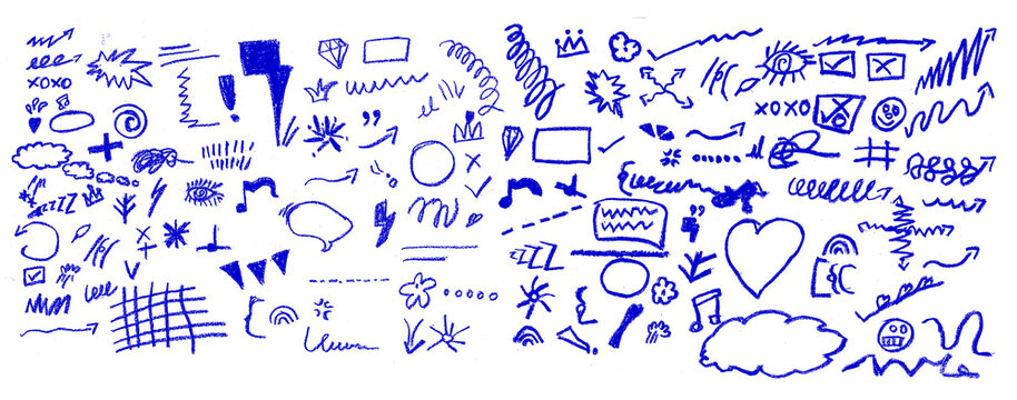 Hand drawn blue highlights, underlines and emphasis crayon elements. Blue pen check marks, ovals and school notebook vector shapes for hand drawn notes. Checkered paper sheet.