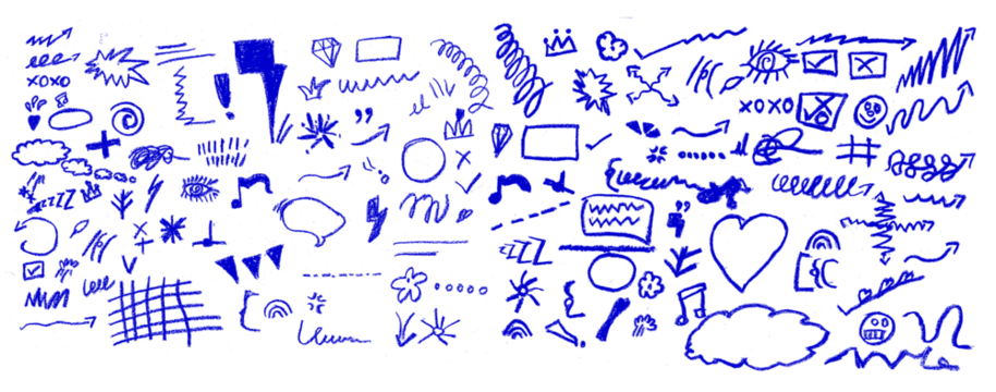 Hand drawn blue highlights, underlines and emphasis crayon elements. Blue pen check marks, ovals and school notebook vector shapes for hand drawn notes. Checkered paper sheet.