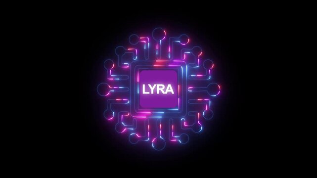 Animated circuit board with lyra text glowing against a dark background