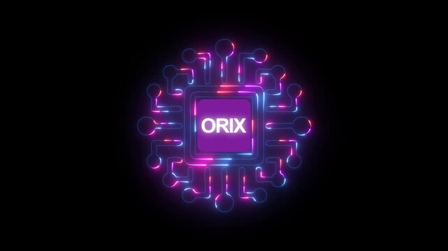 Illuminated orix logo within a neon circuit board design on a dark background