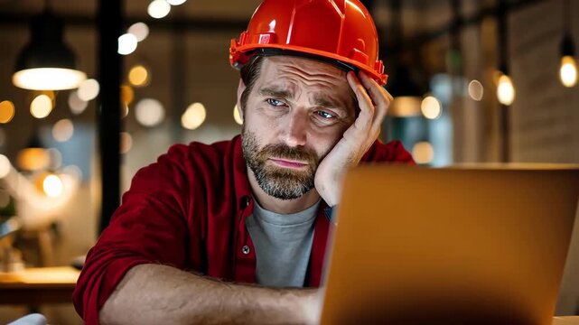 Frustrated engineer working late on a laptop, wearing a hard hat indoors.