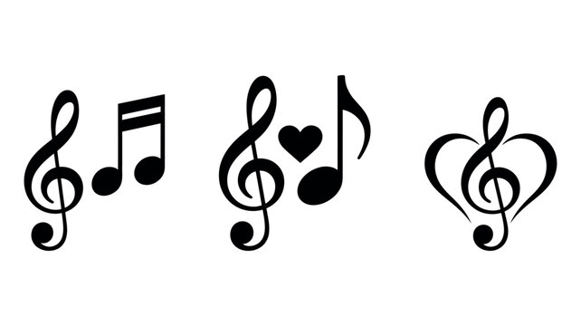 Black musical notes and treble clef symbols on white background