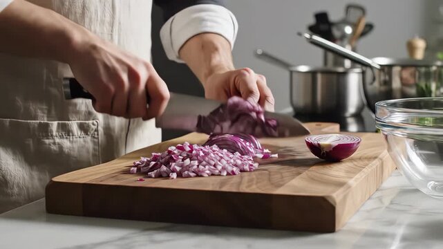 Chef skillfully dicing red onions on a wooden cutting board in a modern kitchen.