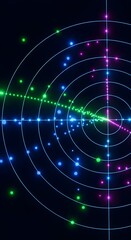 Obraz premium Abstract digital radar screen with glowing green blue and pink dots on dark background