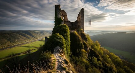 Ancient castle ruins perched atop a lush green hill overlooking a winding river valley at sunset