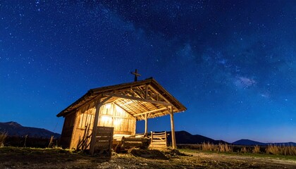 Illuminated Wooden Structure under a Starry Sky at Night