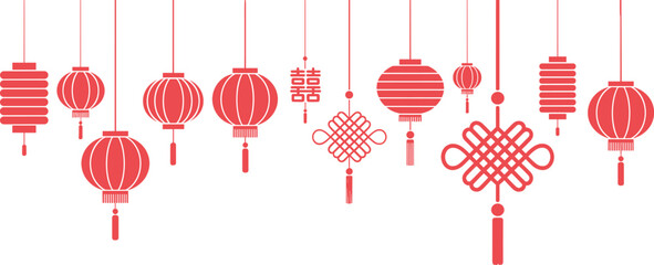 Minimalist red Chinese lanterns illustration, hanging festive decorations for Lunar New Year celebration, traditional Asian holiday cultural ornament design