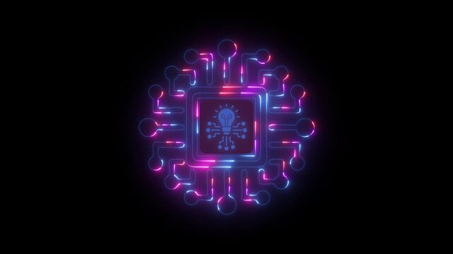 Illuminated circuit board with lightbulb icon represents technology and innovation