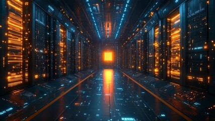 Futuristic corridor with glowing lights and data - Powered by Adobe