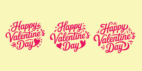 Three Happy Valentine's Day Text Designs with Hearts and Flourishes