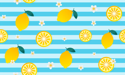Fresh yellow lemons whole and slices with green leaves seamless pattern on blue and white striped background for summer kitchen decor vector illustration