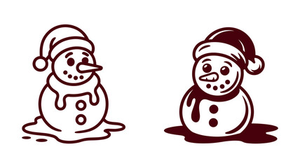 Two melting snowmen with Santa hats on white background