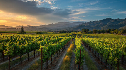 Naklejka premium Vineyards stretch across rolling hills under a colorful sunset in Napa Valley, showcasing nature's beauty and agricultural richness