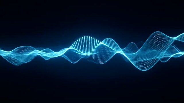 A glowing, abstract, blue wave form, constructed from numerous tiny dots. The digital data stream flows horizontally across a dark backdrop