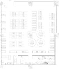 2D Drawing Furniture Layout Plan for Restaurant Interior Design with Table, Chair, Kitchen, and Service Station Arrangement