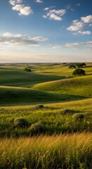 Fototapeta premium Golden hour light illuminates rolling green prairie hills dotted with scattered trees and a winding dirt path