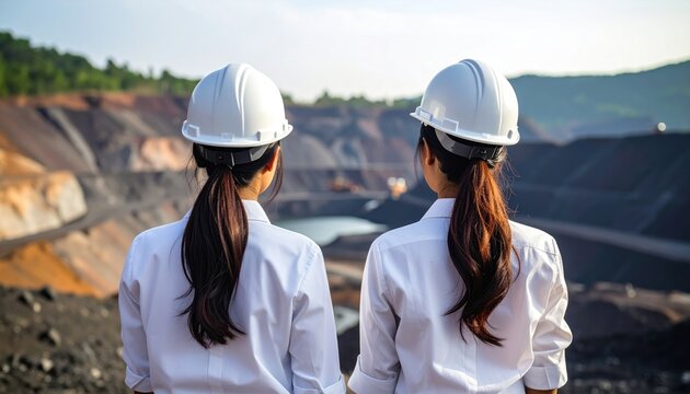 Two women in hard hats survey a large open-pit mine from a distance, with mountains and a body of water visible in the background
