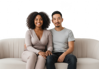 Happy couple sitting sofa is looking at the camera