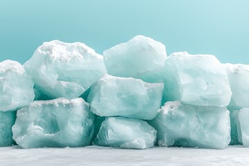 Refreshing Ice Blocks Piled Against a Soft Blue Background with a Frosty Texture