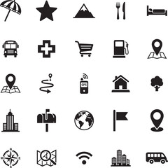 Location and Navigation Silhouette icon collection. Includes Silhouette symbols location, map, navigation, gps, pin, destination and more. Isolated icons. Location icon set. Minimalist icons pack.
