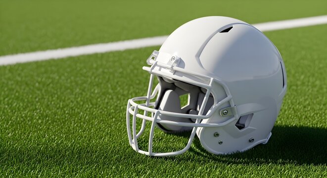 A white American football helmet rests on a green artificial turf field with a white sideline marker