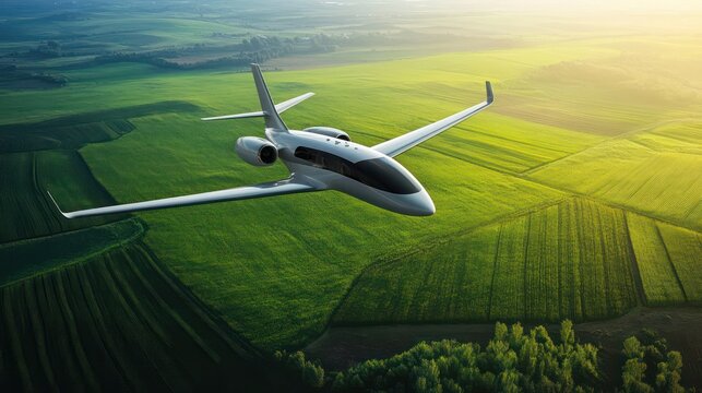 Private jet flight over green fields aerial view travel adventure serenity luxury experience