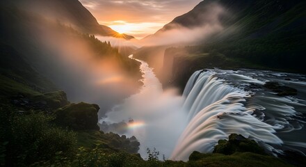 Majestic waterfall cascading down steep cliffs at sunrise amidst mist and mountains