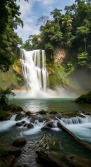 Naklejka premium Majestic waterfall cascades down a verdant cliff face with a rainbow forming in the mist over turquoise water